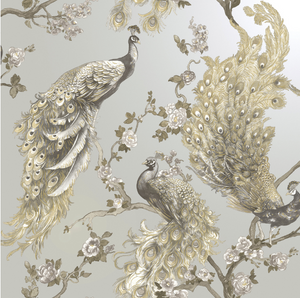 This gorgeous silver wallpaper design features a painted peacock with metallic highlights. This design is soft and elegant, yet impactful in any room in your home. 