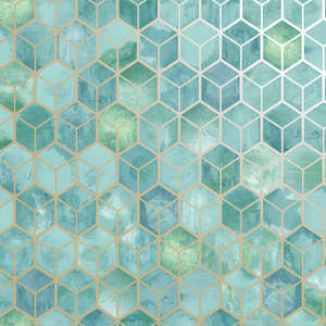This stunning blue green geometric design has flickers of metallic on a marble like background making this a gorgeous choice for a dining room, bedroom, or powder room wallpaper.