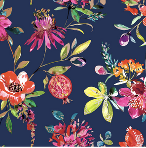 This bold and bright navy blue wallpaper design with pomegranates and florals is made even more beautiful with the specs of metallic in the pattern.