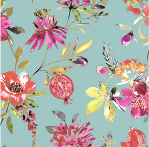 This design is a fun way to include florals, pomegranates and flickers of metallic on a blue green background.