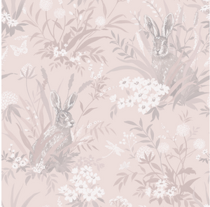 This gorgeous soft pink wallpaper with florals and bunnies is perfect for any room. 