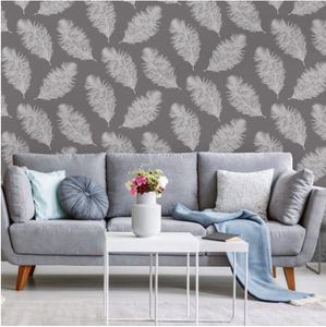 White Feathers floating against a grey matte background is a very gentle feather wallpaper design for any wall in your home or office.