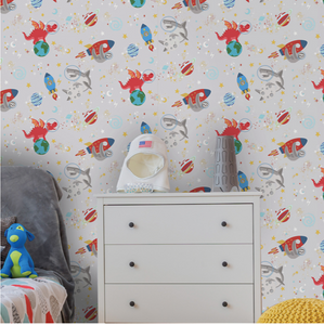This dark wallpaper is a great selection for adding fun to a bedroom and using dark wallpapers and black background for a room. The space animals rockets, and moon will brighten up any wall.