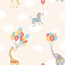 A very dreamy Animal & Balloons Wallpaper design with wild animals flying through the sky with white clouds and colourful balloons. 