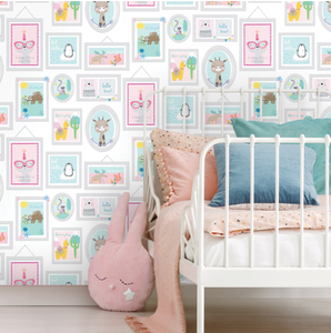 This super cute, fun teal & pink wallpaper has so many elements to it such as frames of funky animals and fun quotes. Ideal for a child's bedroom, childcare centre, or playroom.