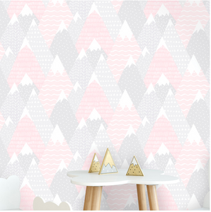 Hills and Terrain covered in snow with so many shapes and patterns like polka dots, triangles, dashes, and waves included in this pink wallpaper. Any little girl could stare at this design for ages.