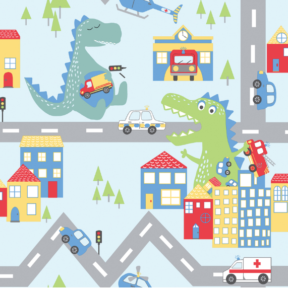 Abstract animals, roads and fire engines spark imagination and fun in this cute wallpaper design for kids.
