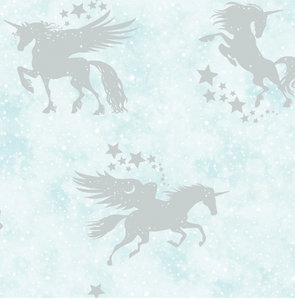 This Shimmery Wallpaper in teal colour with flying unicorns and stars feels like a real fairytale for any child. It will definately add a sparkle and glitter effect to your walls.