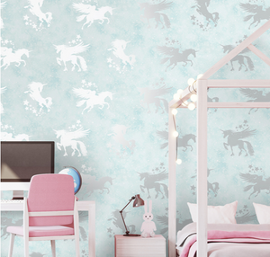Iridescent Unicorns Teal Wallpaper