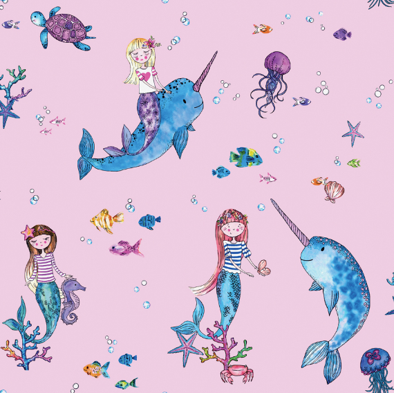 A magical Mermaids Pink Wallpaper is so dreamy and fun with fish, jelly fish, starfish, and bubbles. So many bright colours and loads to look at on your walls.