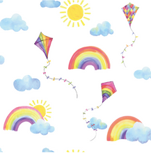 This simple yet colourful wallpaper design has all the elements for a fun Nursery Wallpaper Mural. Kites, Sun, clouds and rainbows on a white background make this pattern perfect for any little girl or little boy's bedroom.