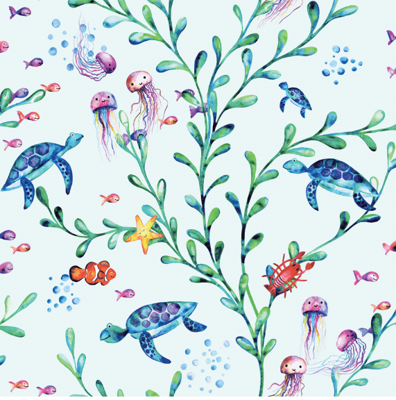 How dreamy is this cute coloured sea wallpaper. A fun look under the sea at all the animals flora floating happily along. Turtles, fish, and bubbles make for a gorgeous nursery wall. 