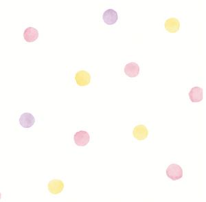A pastel pink background with yellow, pink, and purple polka dots make for a great Watercolour Polka Dots Wallpaper design. 
