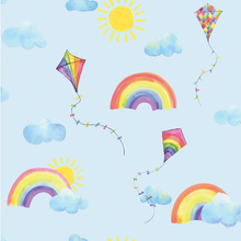 Such fun and cute mural wallpaper designs with kites and clouds and the sun 