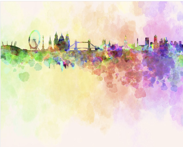 Vibrant Pastel colours have been used to paint the London City Skyline. This London Skyline wallpaper is sure to delight. 