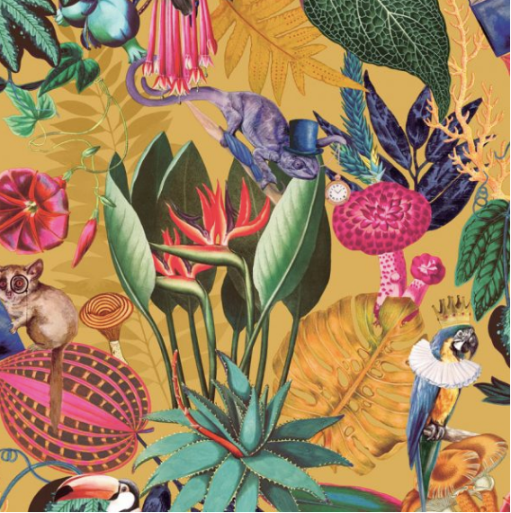 Tropical wallpaper with quirky animals such as parrots, chameleons and bush babies on a ochre background. 