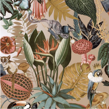 Funky tropical design with chameleons, bush babies, and parrots on a gold background. Ideal for kitchens, dining rooms, and bedrooms for a pop of colour.