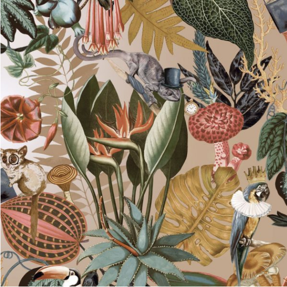 Funky tropical design with chameleons, bush babies, and parrots on a gold background. Ideal for kitchens, dining rooms, and bedrooms for a pop of colour.
