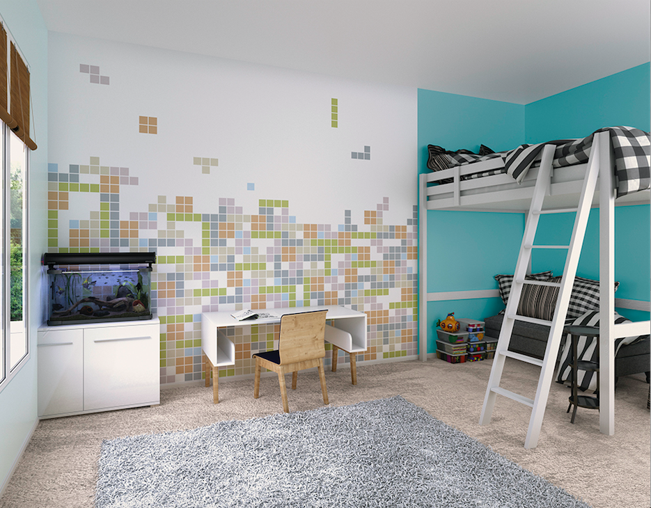 A Brick Movement Wall Mural can be used perfectly as an accent wall with his tetris style patterns and soft colour hues. Great way to add some colour to your walls in a subtle way.