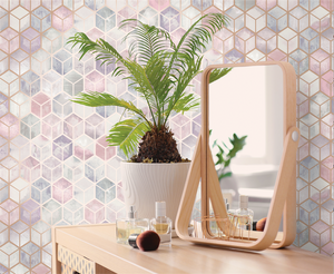 This metallic geometric wallpaper design adds finesse and class to any room. With this pink geometric pattern on a marble background it is sure to capture some attention from guests.
