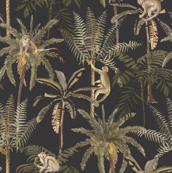 This black and gold tropical wallpaper for walls is sure to get some attention once up on your walls, with swinging monkeys in palm trees.