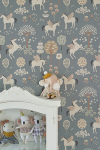 This Magical Unicorn Light Blue Wallpaper design is a combination of blossoms, trees, and unicorns with their wings in a soft blue colour will add vibrance and warmth to any girl's room or baby room.
