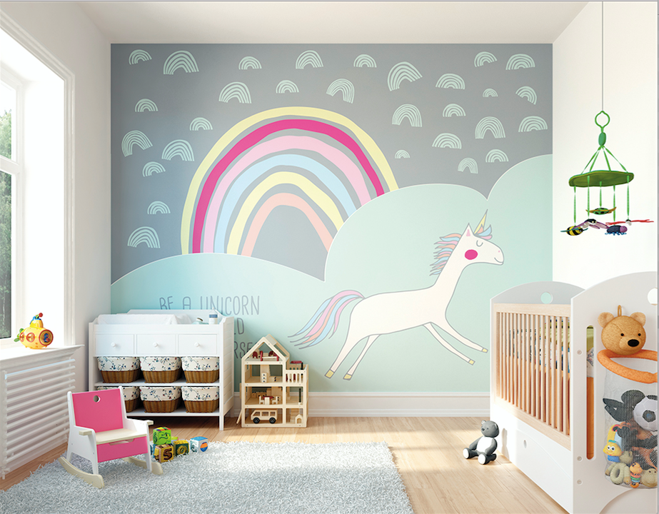 This unicorn mural wallpaper completes any nursery with its fun and dreamy colours and design.