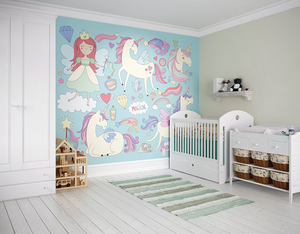 Mermaids and unicorn make for a delightful baby room wallpaper.