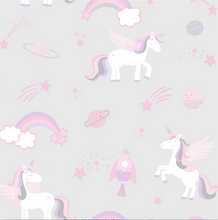 Flying unicorns, rainbows, and rockets on a soft grey background with the fun addition of glitter to certain objects make this a fun wallpaper choice.