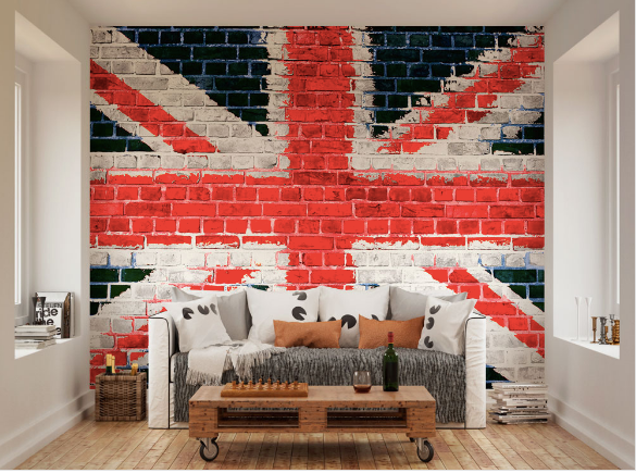 The use of White bricks, including red bricks and navy blue bricks gives a fun edge to the brick effect. Create an amazing feature wallpaper mural with this design.