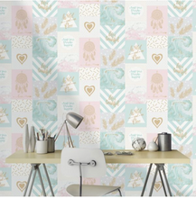 Room shot of wild and free wallpaper in pink and blue